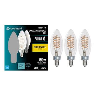 EcoSmart 60-Watt Equivalent B11 Dimmable E12 Candelabra Fine Bendy Filament LED Vintage Edison Light Bulb Bright White (3-Pack) B11C7DE12830S