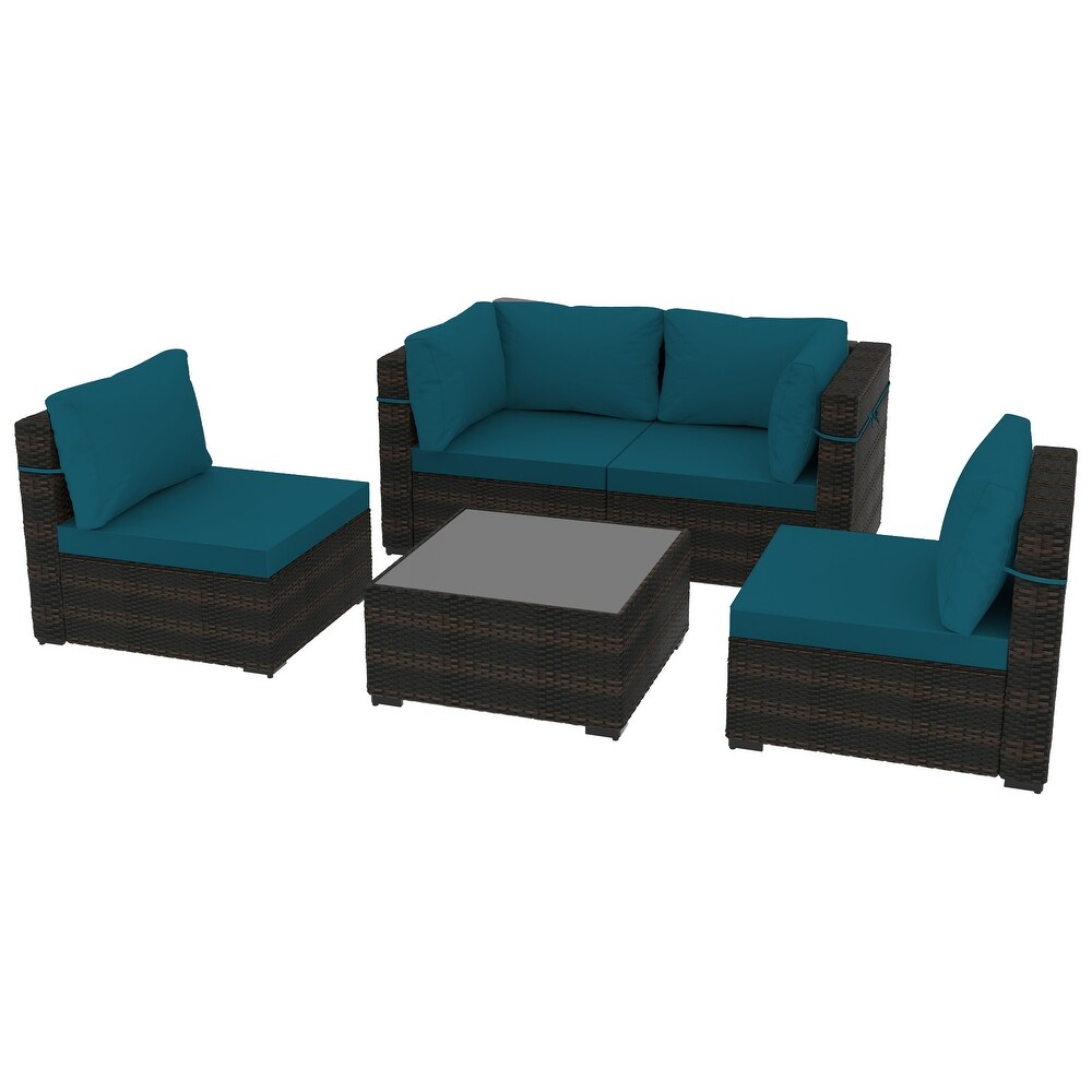 UPHA 5 piece Cushioned Wicker Patio Conversation Seating Set with Coffee Table