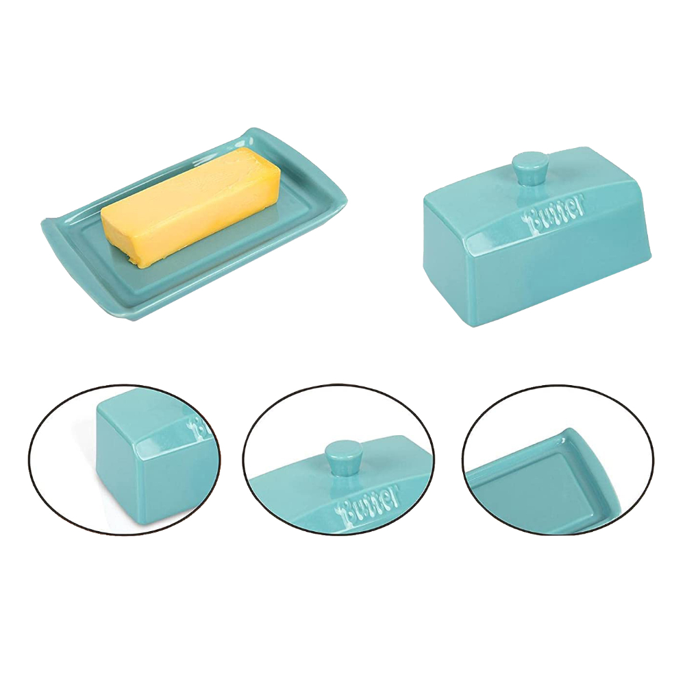 Ceramic Butter Dish with Lid For Countertop， Rectangular Keeper Container-Blue