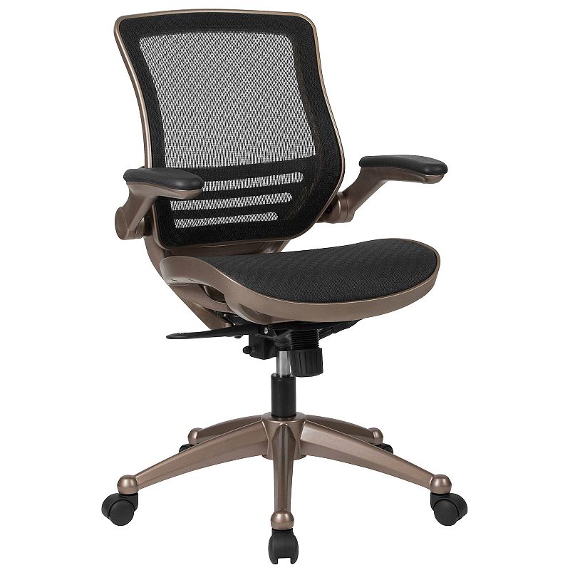 Emma and Oliver Mid-Back Black Mesh Executive Swivel Flip-Up Arm Office Chair Gold Frame