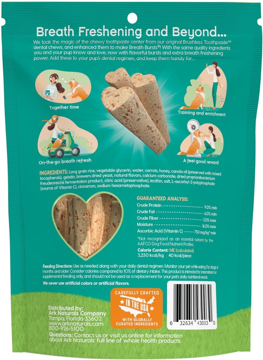 Ark Naturals Breath Bursts Cinnamon Sticks Dental Dog Treats， 6-oz bag