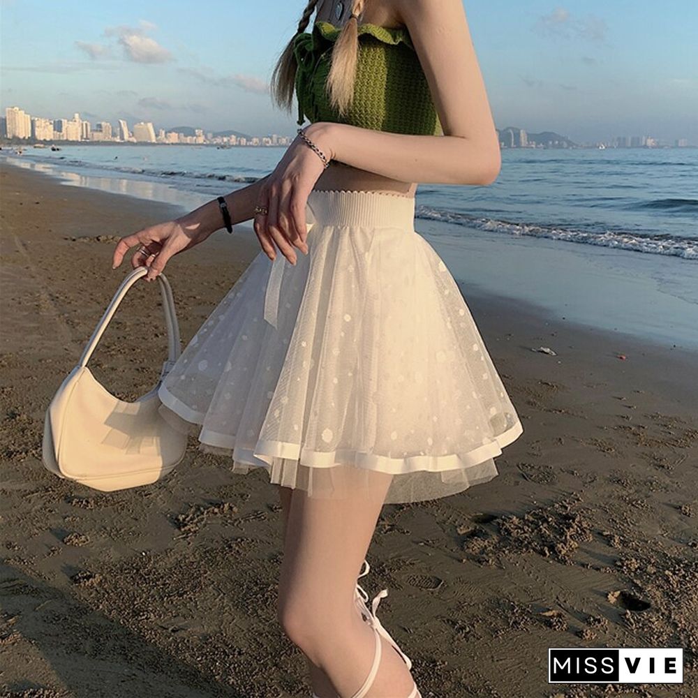 Women Sexy Mesh Ball Gown Black Skirt Summer High Waist Elegant Elastic Bow A-line Mini Skirts Korean Preppy Style Dance Skirt