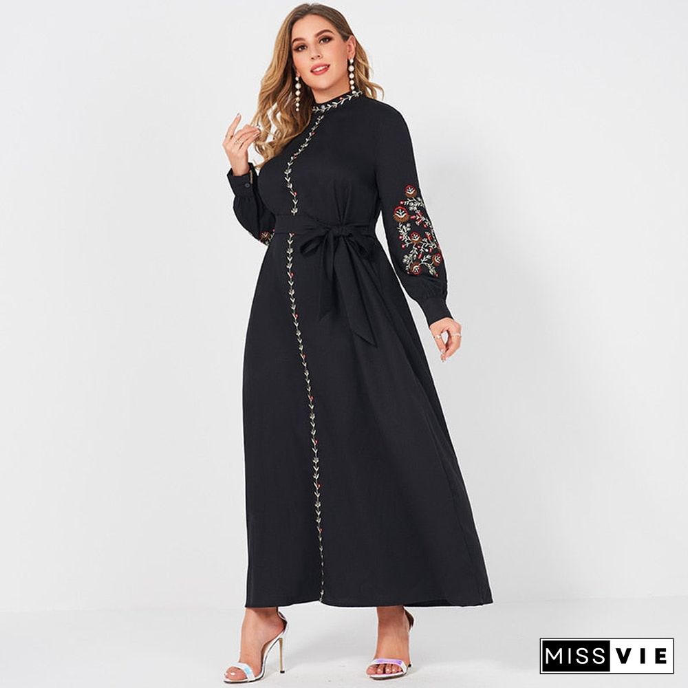 Ladies Fashion Resort Small Stand Collar Floral Embroidery Long Sleeve Loose Belt Sweet Elegant Woman Black Party Maxi Dress 4Xl