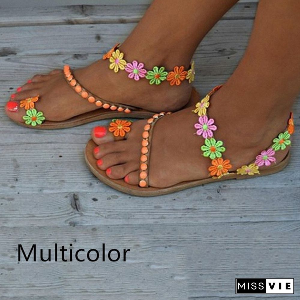 Female Bohemian Style Sandals Flats Sandals Flowers shaped Sandals Flip Flops Plus Size