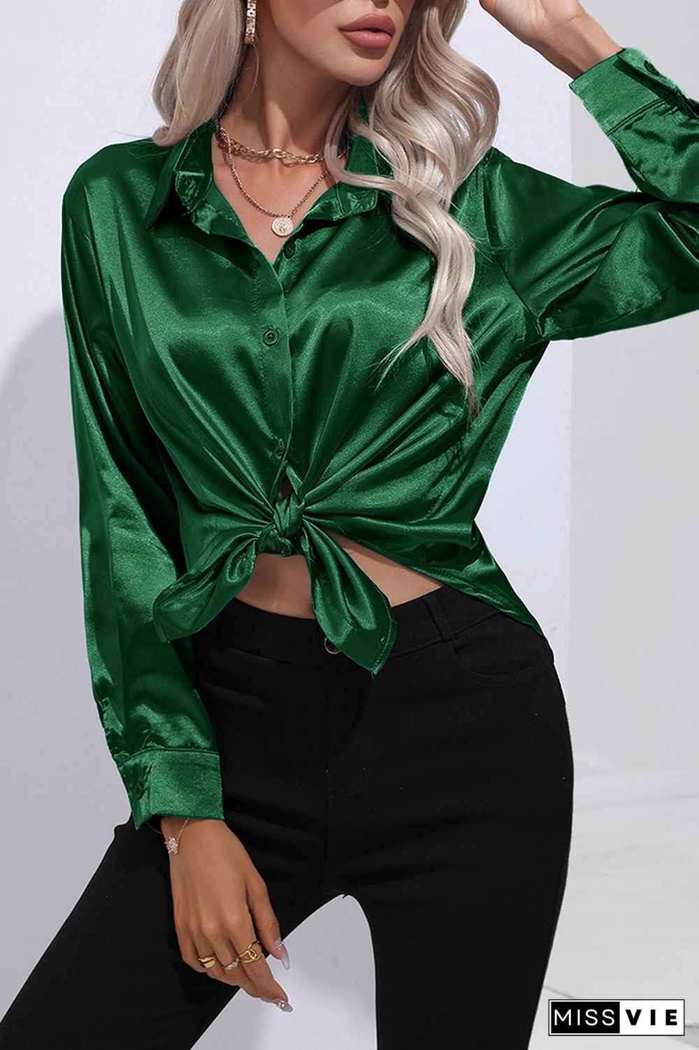 Plain Silky Open Button Long Sleeves Blouse Shirt