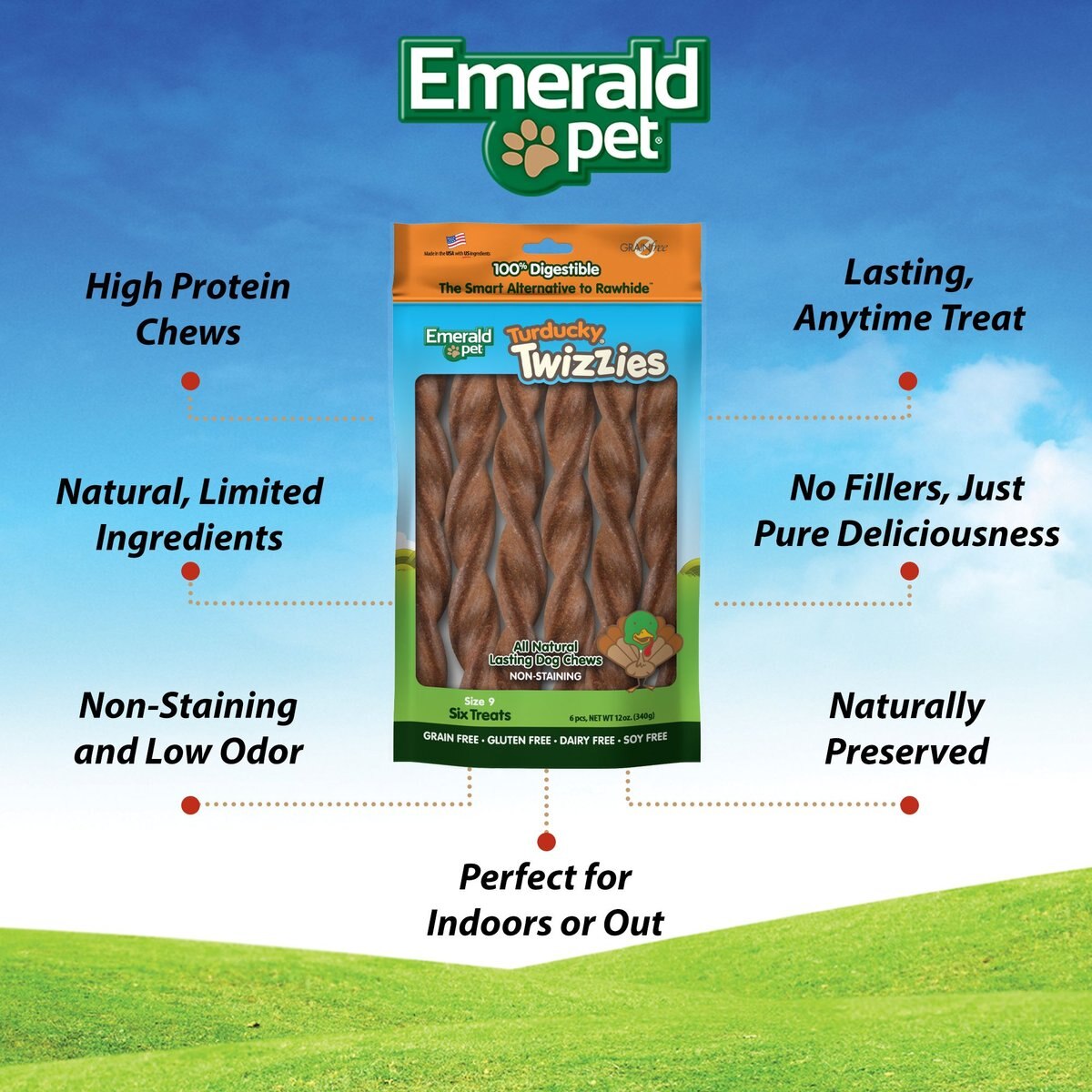 Emerald Pet Turducky Twizzies Grain-Free Dog Treats， 9-in