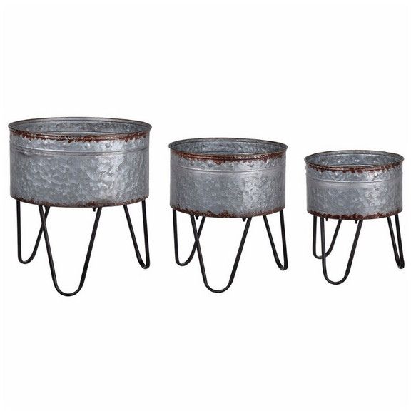 Benzara BM154147 Round Galvanized Metal Planters w...