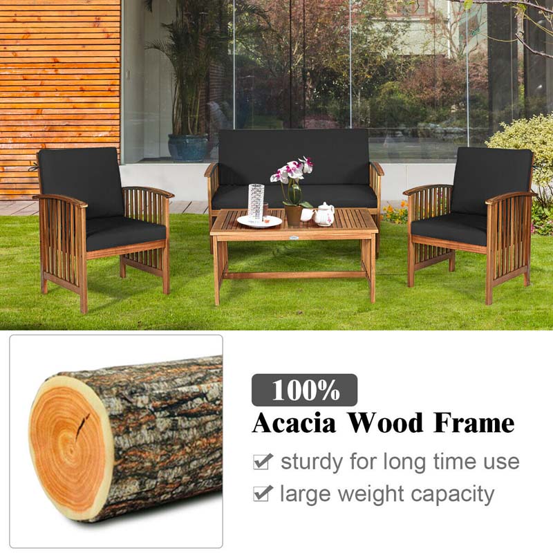 4 Pcs Outdoor Acacia Wood Sofa Set Patio Conversation Furniture Set with Cushions & Coffee Table