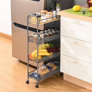 4-Tier Slim Rolling Cart with Wooden Tabletop Easy Assemble Mobile Storage Cart with Wheels Slide Out Utility Cart PURSYF