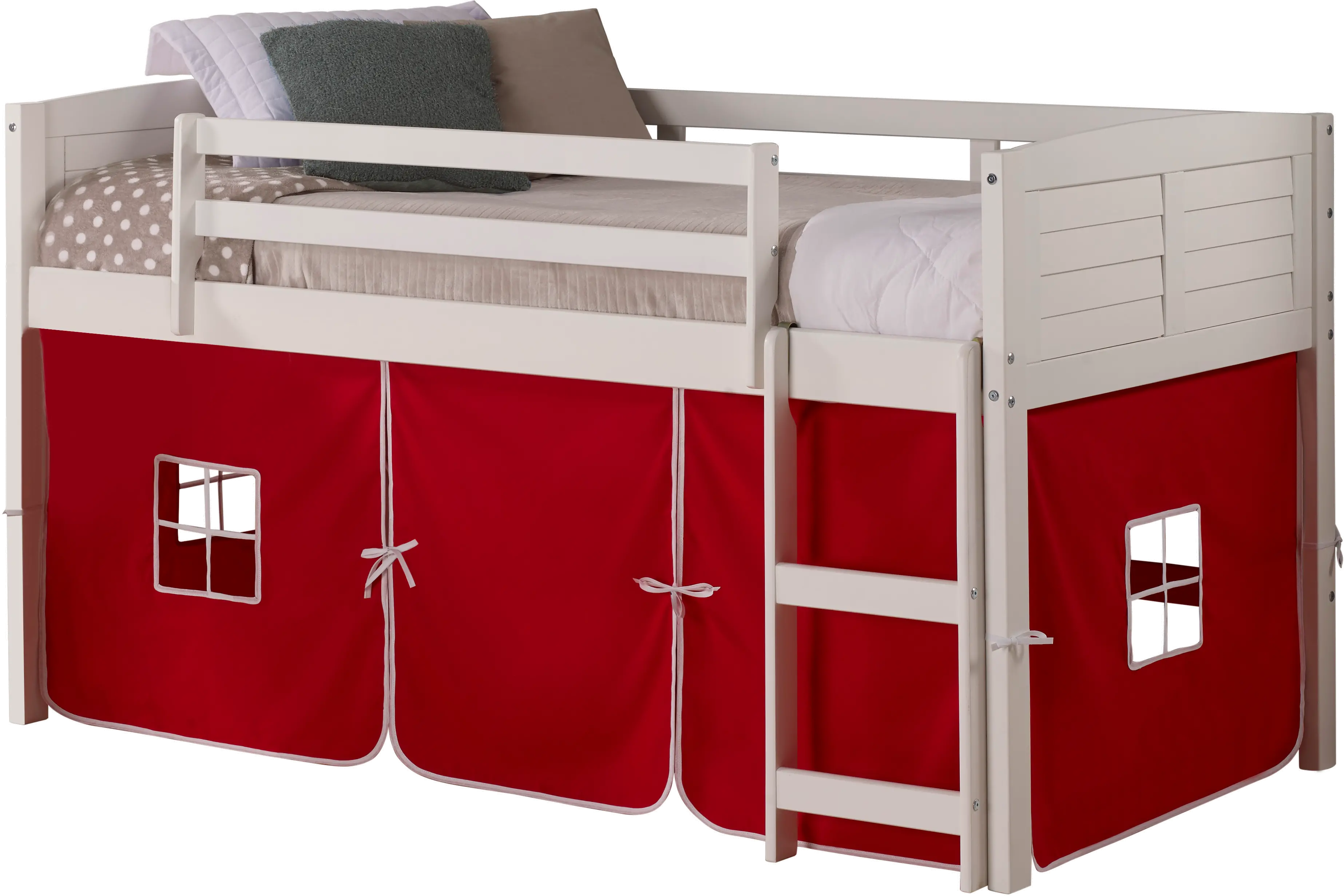 Louver White Twin Loft Bed with Red Tent