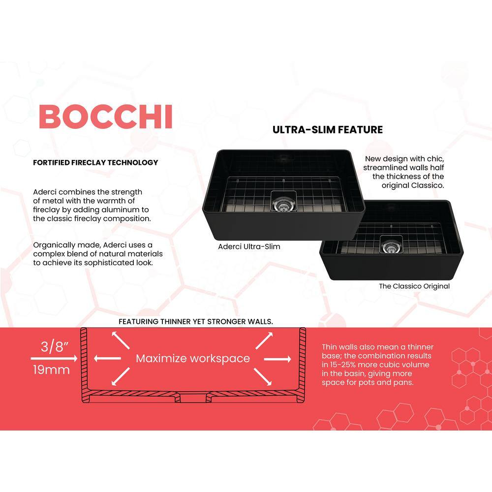 BOCCHI Aderci Black Fireclay 30 in. Single Bowl Ultra-Slim Farmhouse Apron Front Kitchen Sink with Grid and Strainer 1481-005-0120