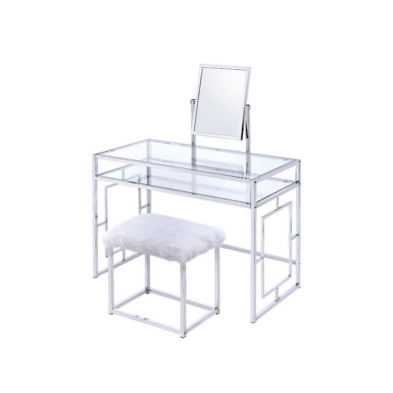 Glass and Metal Vanity Set With Faux Fur Stool， White and Silver