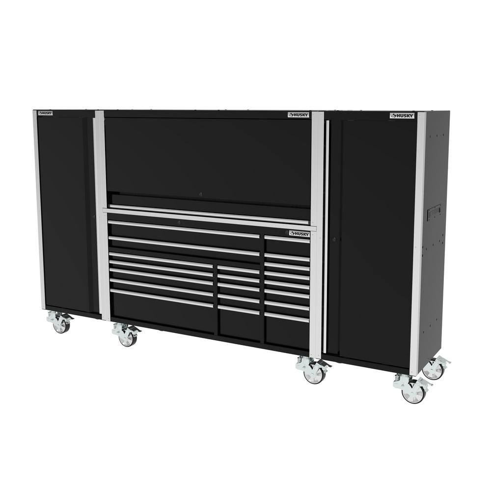 Husky 72 in. W x 245 in. D Professional Duty 20-Drawer Mobile Workbench with 2 Side Lockers and Top Hutch in Gloss Black HPROSUITE4