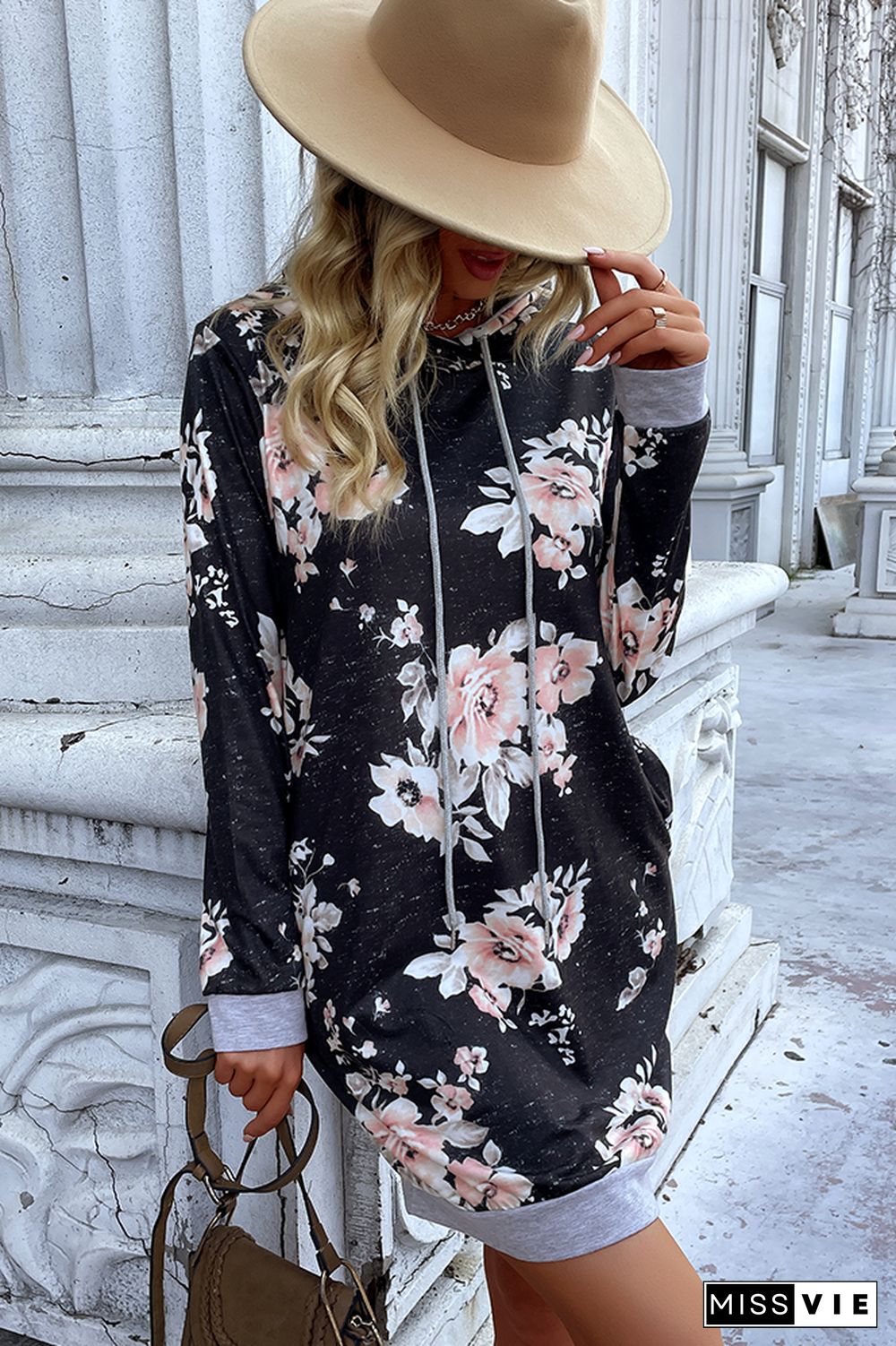 Black Floral Print Hooded Dress