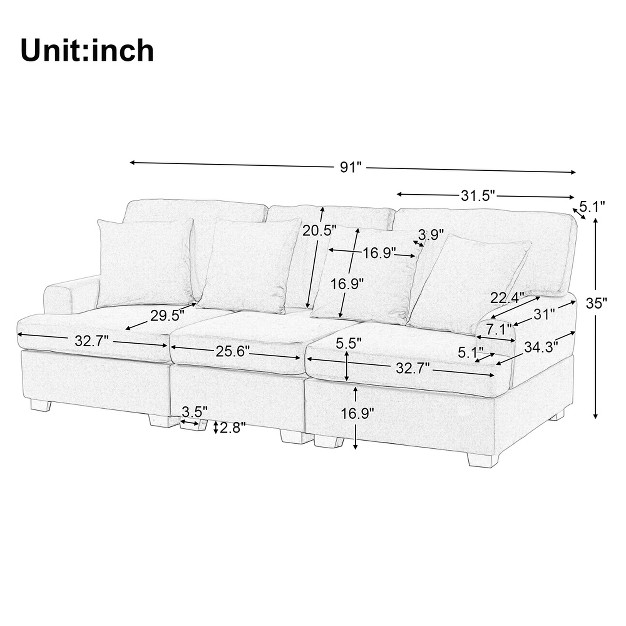 Modern Upholstered 3 seat Sofa With 4 Pillows modernluxe