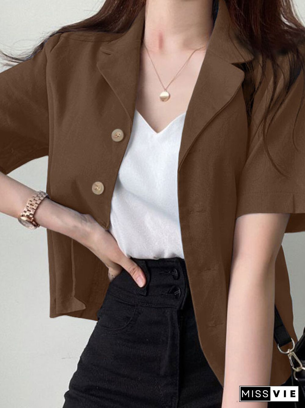 Solid Button Front Lapel Short Sleeve Casual Blazer