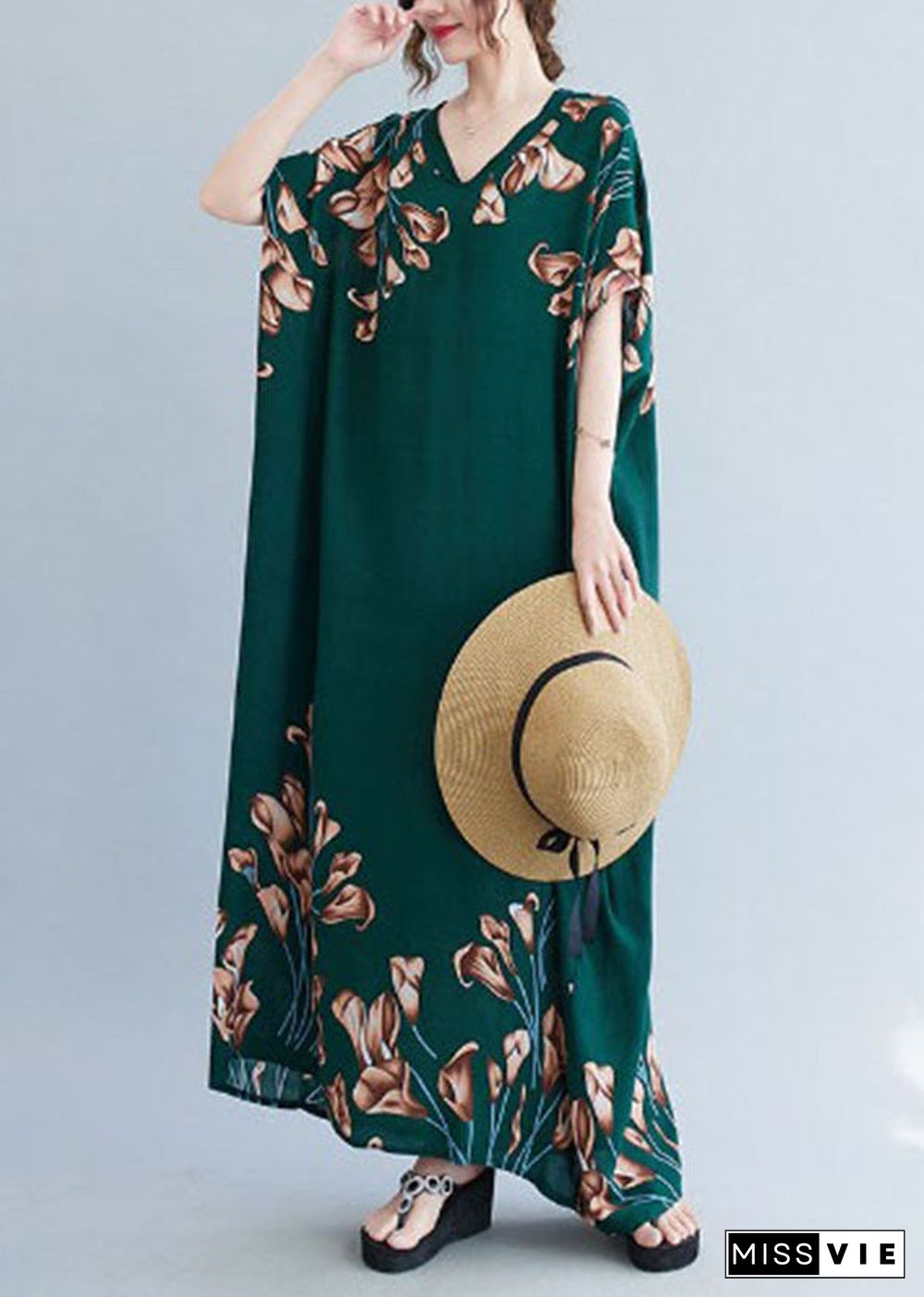 French Blackish Green V Neck Print Cotton Loose Maxi Dress Batwing Sleeve