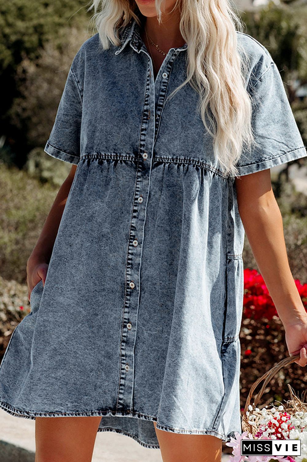 Washed Denim Short Sleeve Ruffle Dress Wholesale