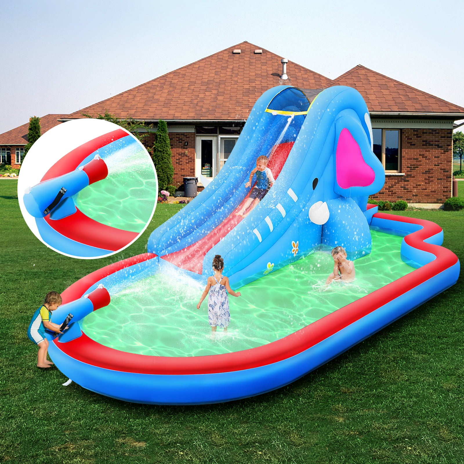 Inflatable pool water slides kids outdoor Inflatable bouncers House w/long slide Climbing Wall & Large Splash Pool, Water Cannons & Hose, Elephant Themed Inflatable Water Park (with 550w Blower)