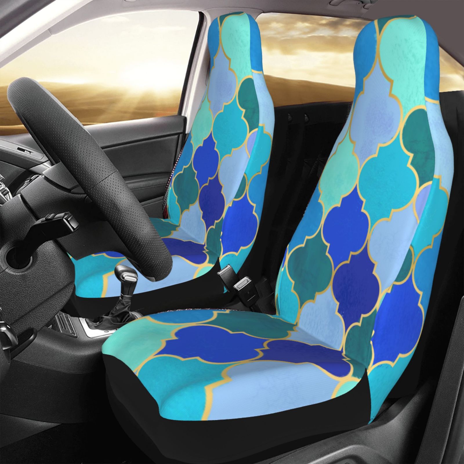 TEQUAN Front Seat Covers， Moroccan Style Blue Texture Pattern 2 Piece Car Seat Cover Fit Most Car SUV Truck Van