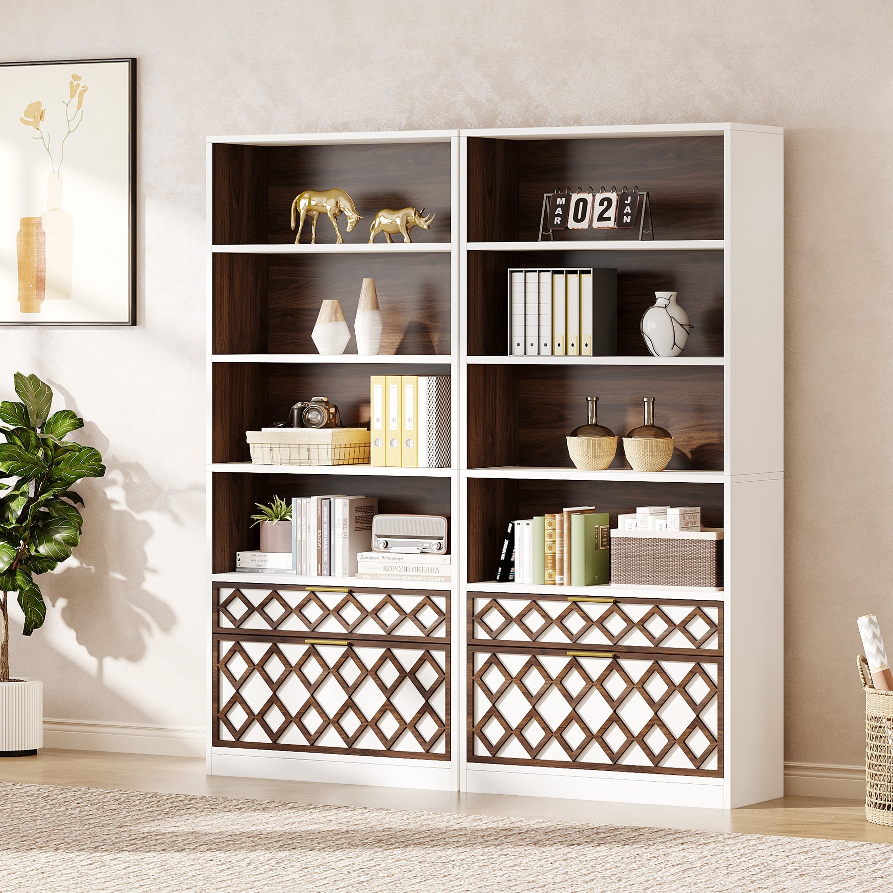 71 Bookshelf, 5-Tier Bookcase with Drawer & File Cabinet