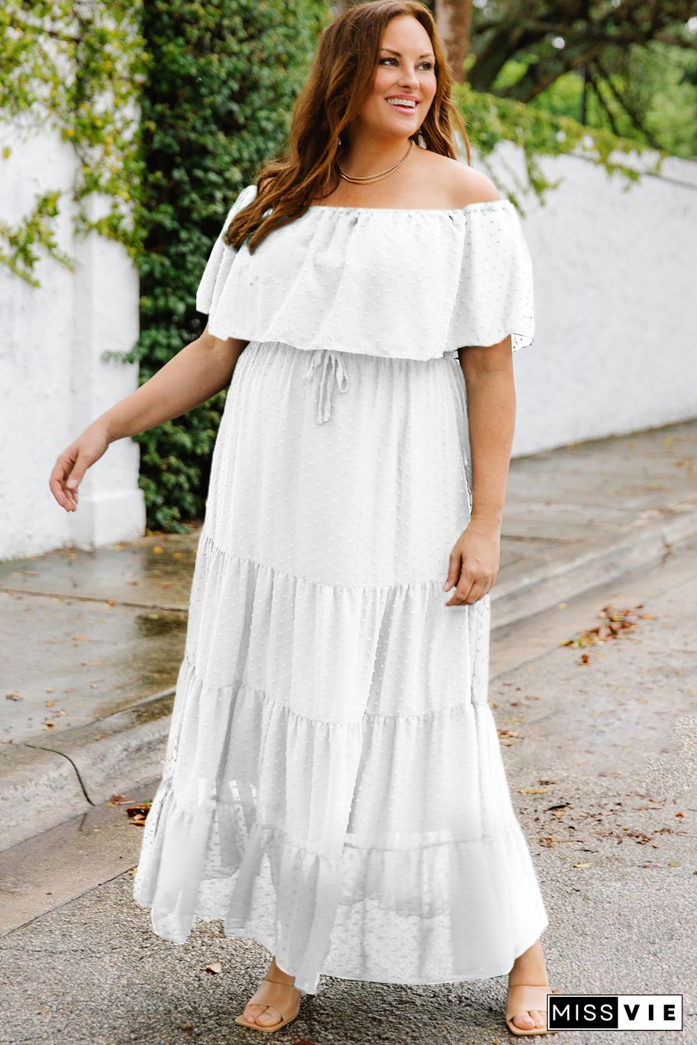 White Swiss Dot Plus Size Ruffle Tiered Maxi Dress