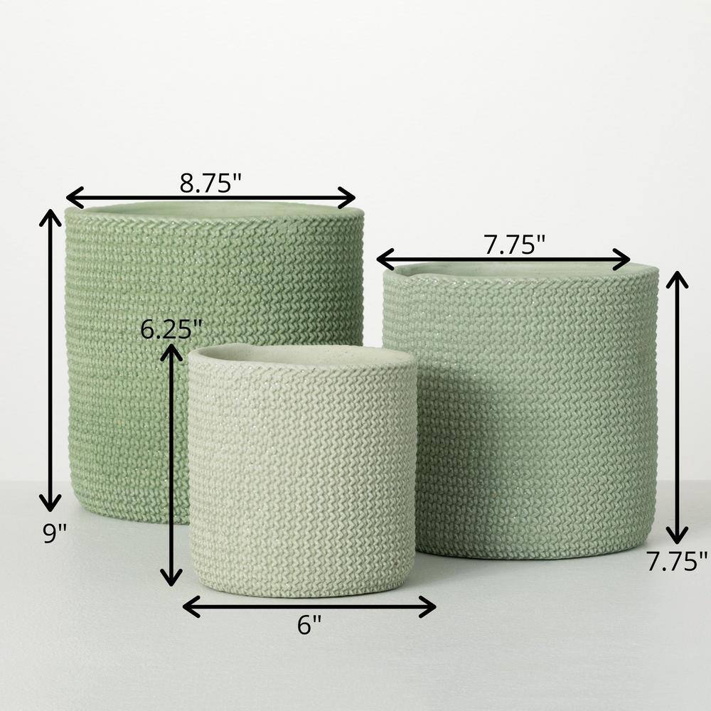 SULLIVANS 9 in.， 7.75 in. and 6.25 in. Woven-Textured Concrete Pots - Set of 3， Green CMT1249