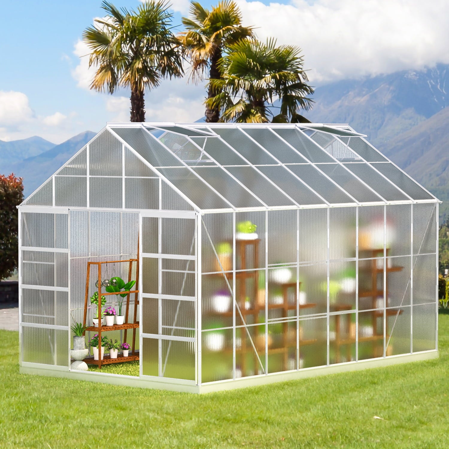 Mellcom 10' x 16' Walk-in Hobby Greenhouse, Outdoor Sliver Aluminum Frame Polycarbonate Green House with Adjustable Roof Vent