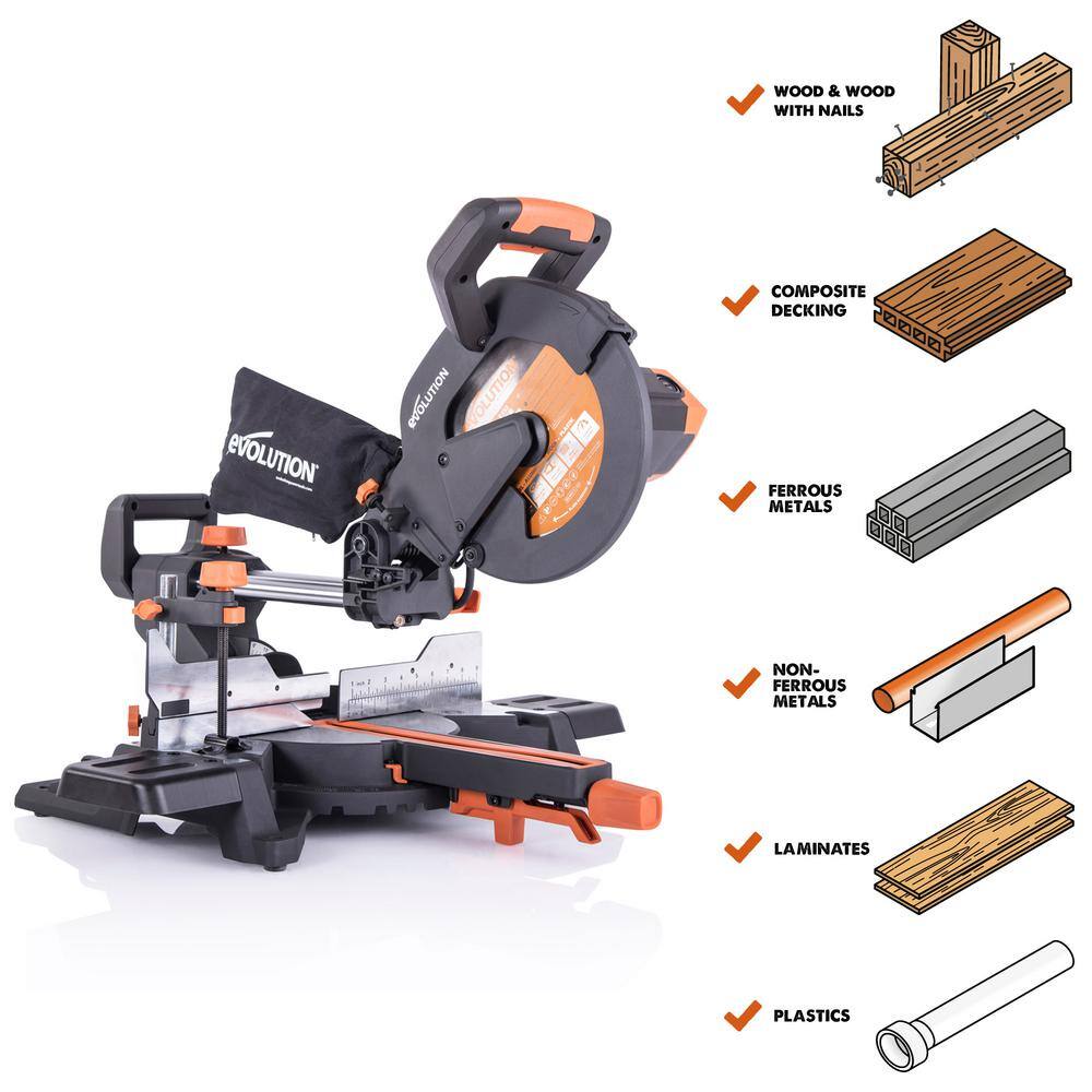 Evolution Power Tools 15 Amp 10 in. Sliding Compound Miter Saw with Laser Guide Dust Bag 10 ft. Rubber Power Cord Multi-Material 28-T Blade R255SMS+