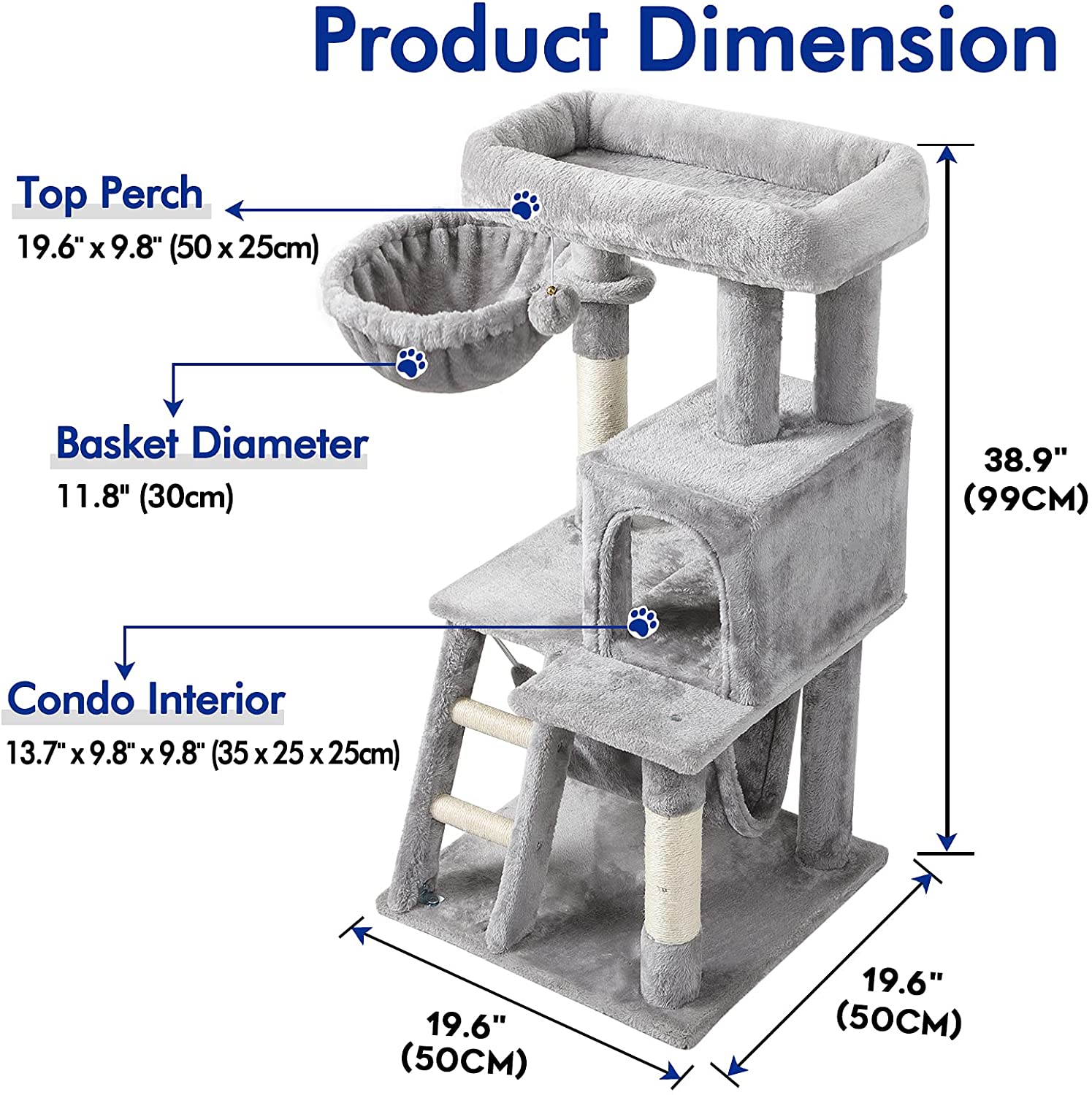 Cat Tree Cat Tower for Indoor Cats, Multi-Level Cat House Condo with Large Perch, Scratching Posts & Hammock, Cat Climbing Stand with Toy for Small Cats Kittens Play Rest, 39" Tall, Gray