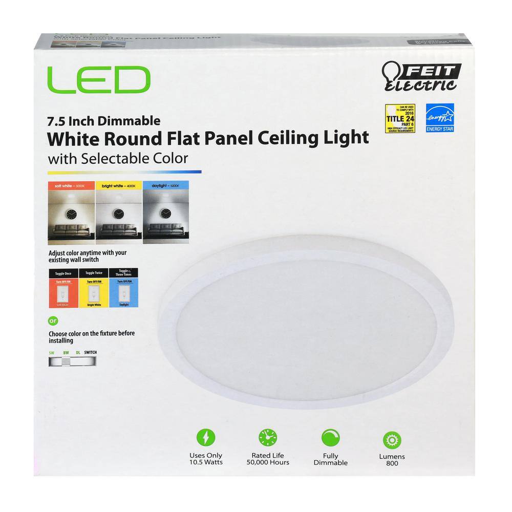 Feit Electric 7.5 in. 10.5-Watt Title 24 Dimmable White Integrated LED Round Flat Panel Ceiling Flush Mount with Color Change CCT 74206CAV2