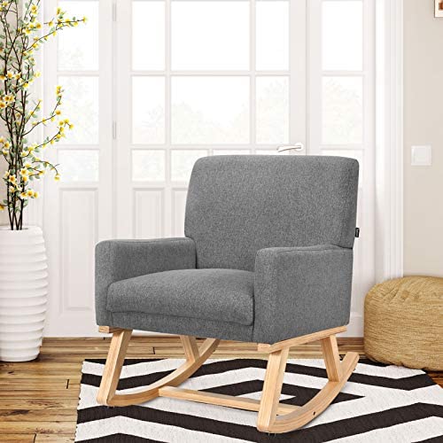 Giantex Upholstered Rocking Chair with Fabric Padded Seat and Solid Wood Base