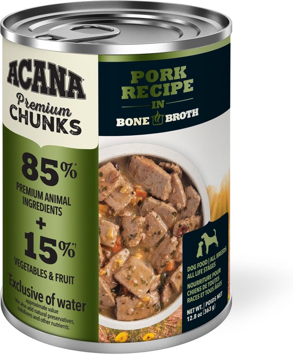 ACANA Premium Chunks Pork Recipe in Bone Broth Grain-Free Wet Dog Food， 12.8-oz can， case of 12