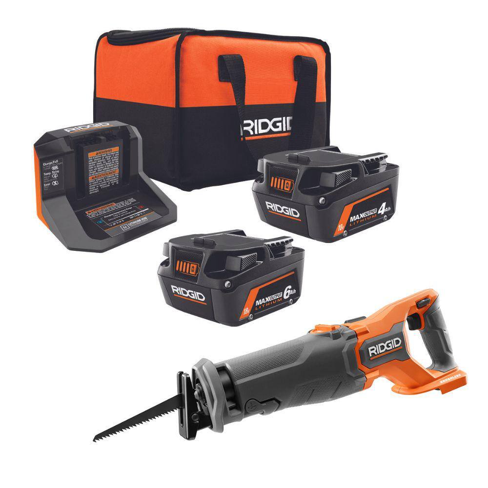 RIDGID 18V 6.0 Ah and 4.0 Ah MAX Output Lithium-Ion Batteries and Charger Kit with Bag and 18V Brushless Reciprocating Saw AC840060SB1-R8647B