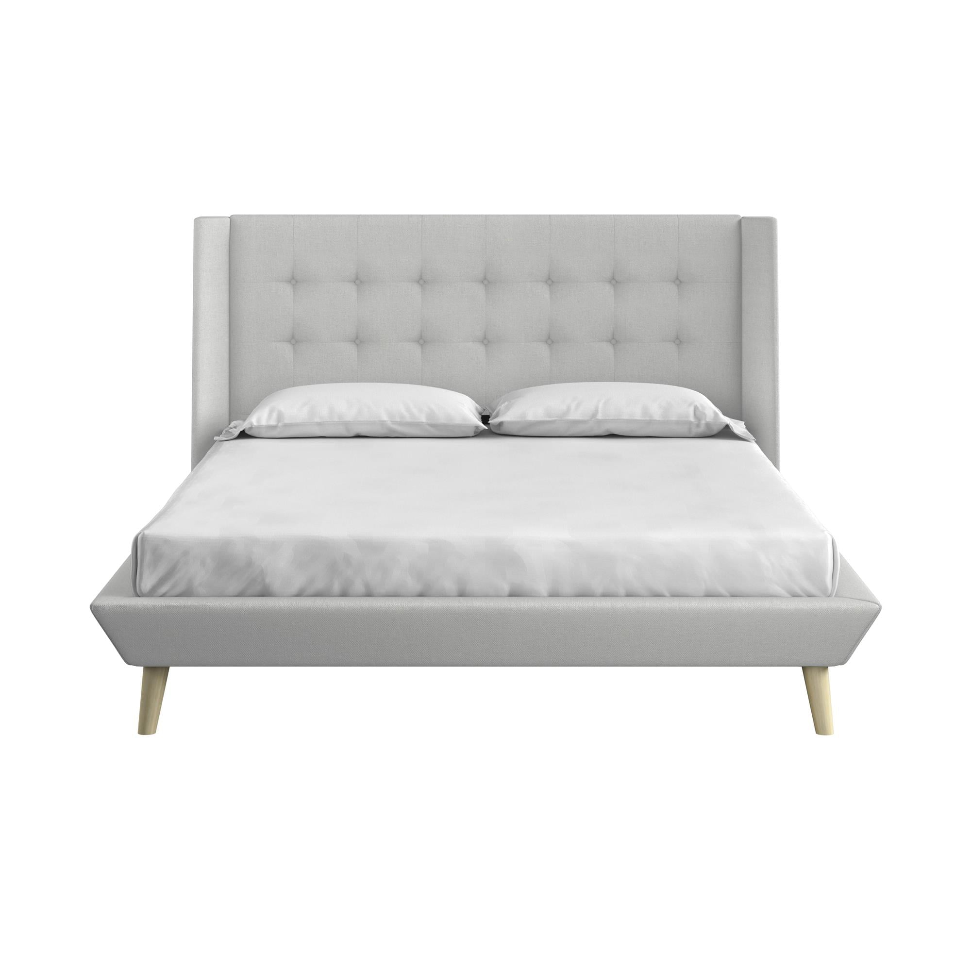 Queer Eye Farnsworth Upholstered Bed with Low Profile Platform Frame, Queen, Light Gray Linen