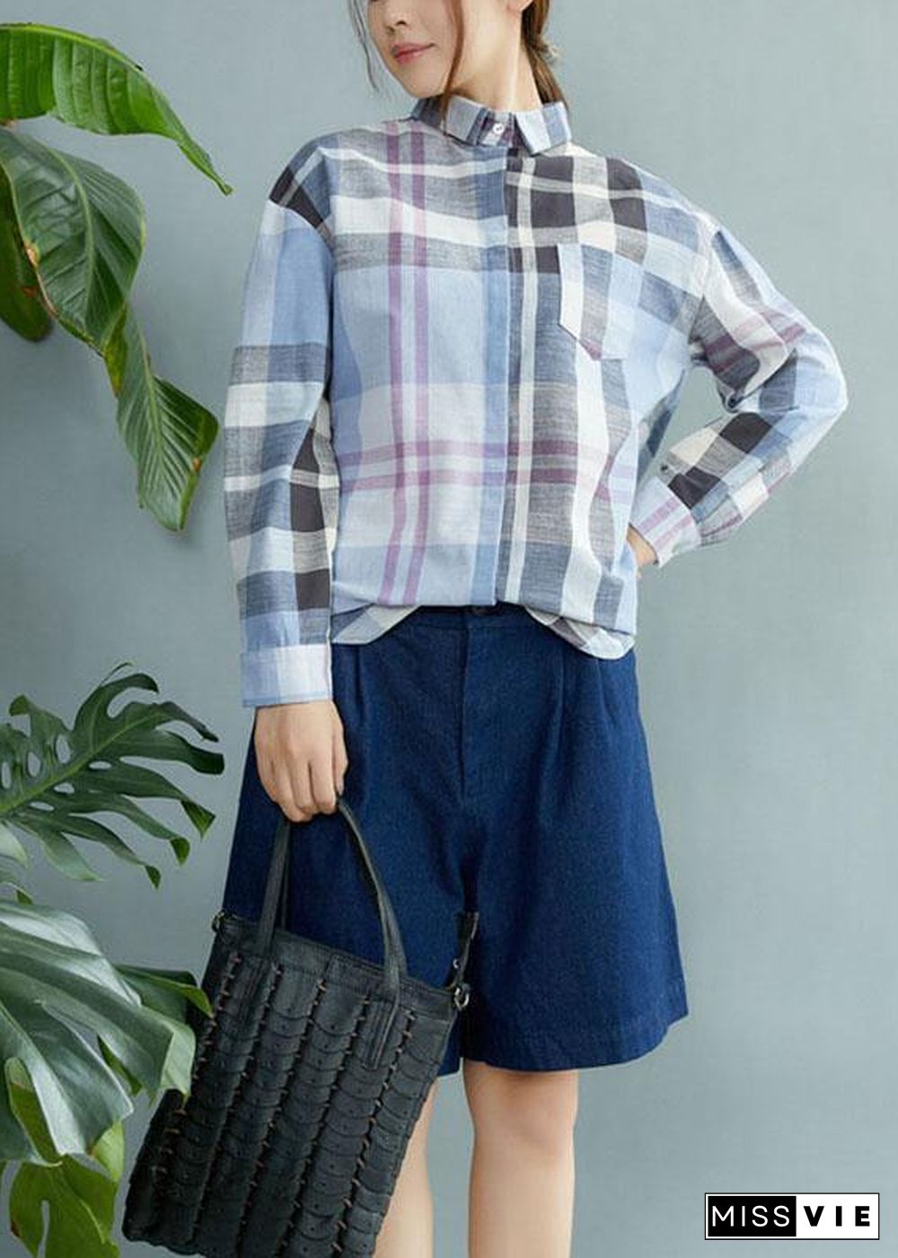 Fine Blue Plaid Print Pockets Button Fall Shirt Long Sleeve