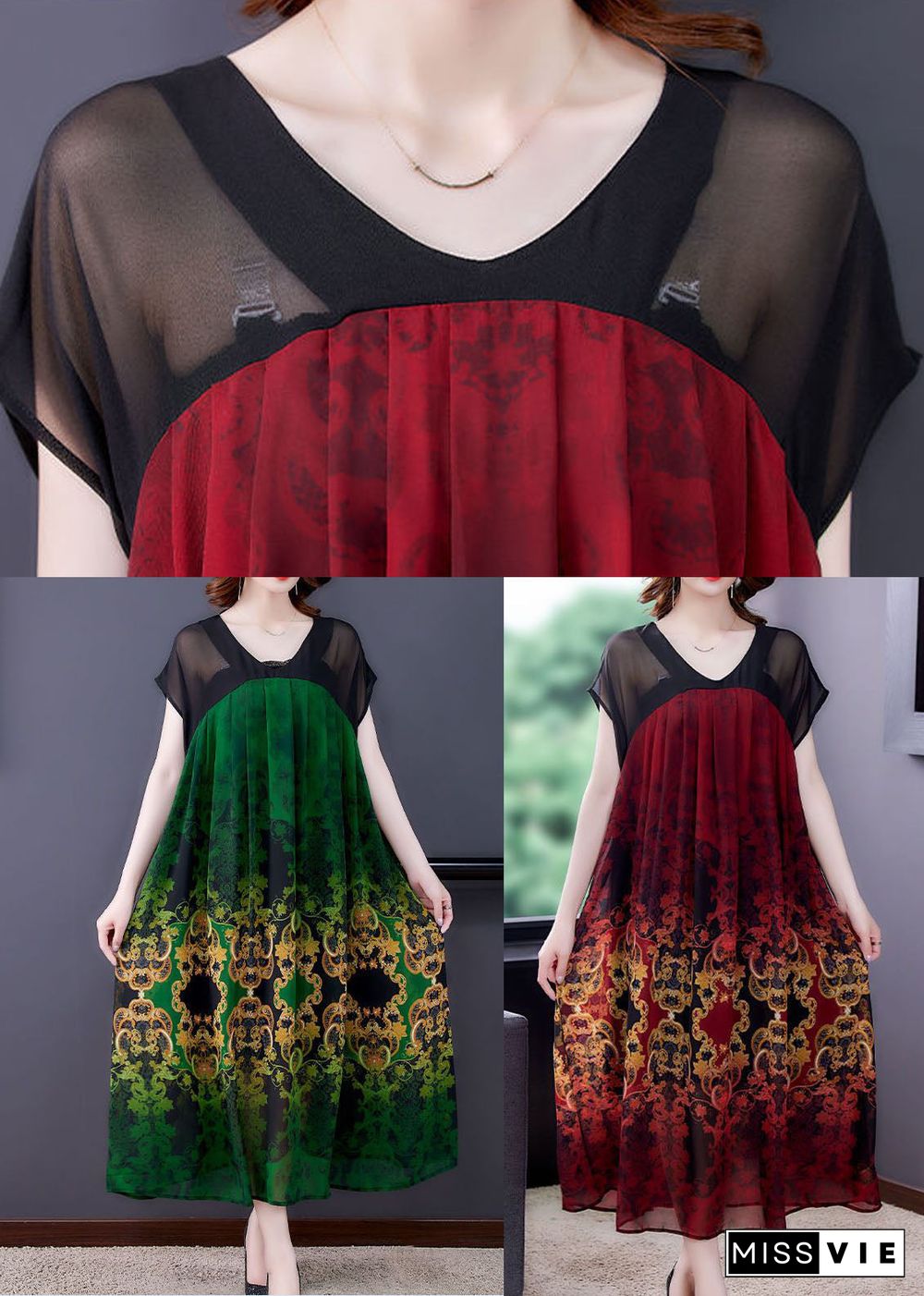 Red Patchwork Chiffon Vacation Dresses Exra Large Hem Print Summer