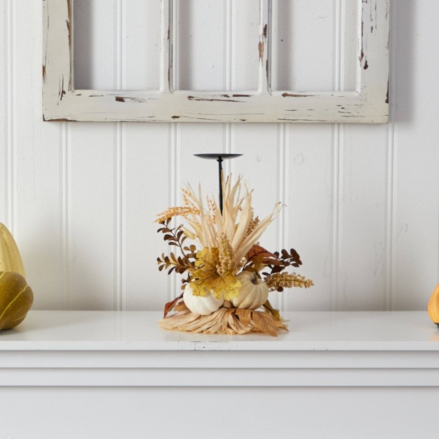 Nearly Natural 12-in Autumn Harvest And Pumpkin Fall Candle Holder