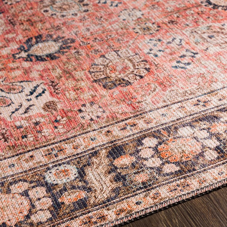 Bria Machine Washable Oriental Dusty Coral/Brick Red Area Rug