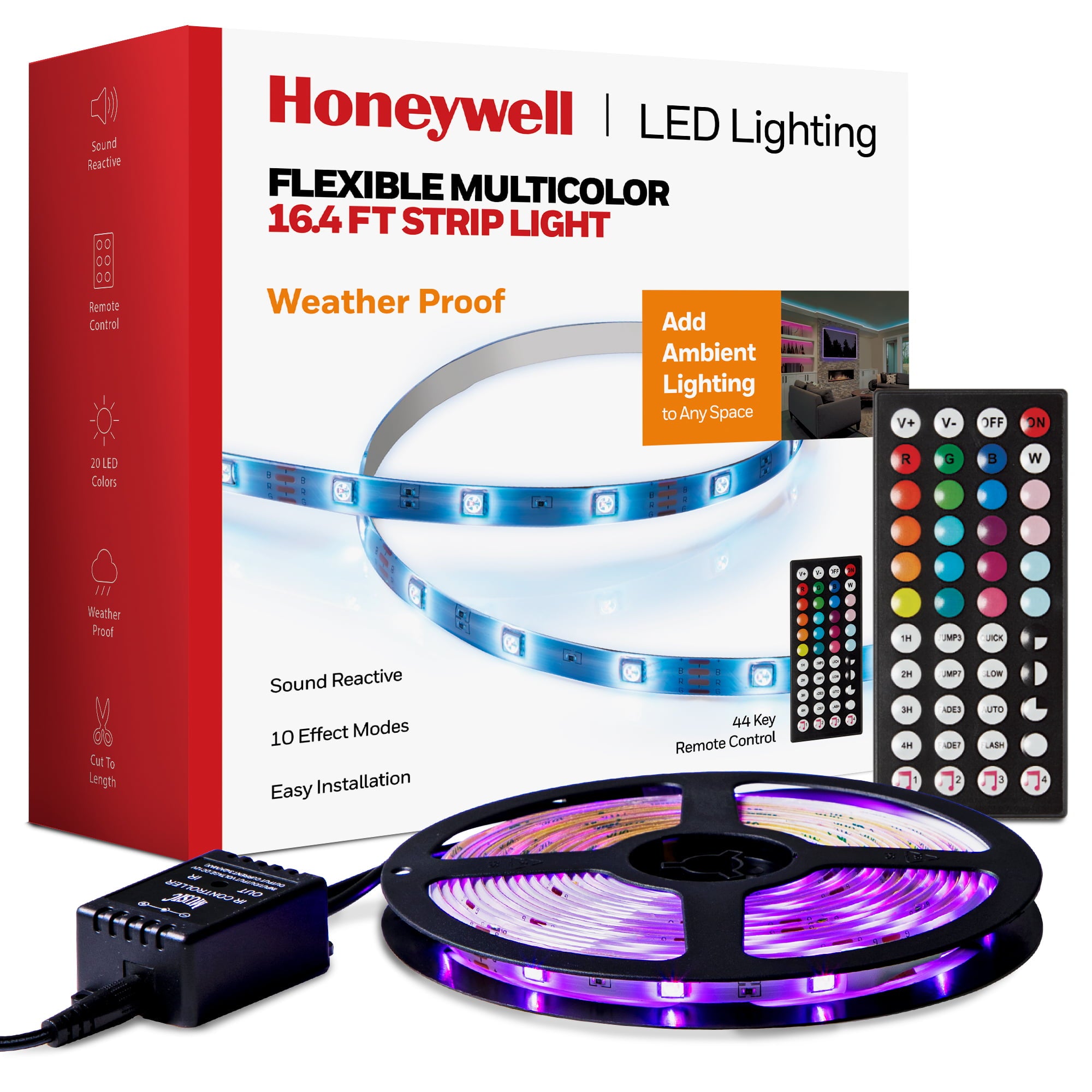 Honeywell Multi Color Sound Reactive RGB LED Strip Light with Remote, Power Adapter, Outdoor/Indoor- 16.4ft/5M