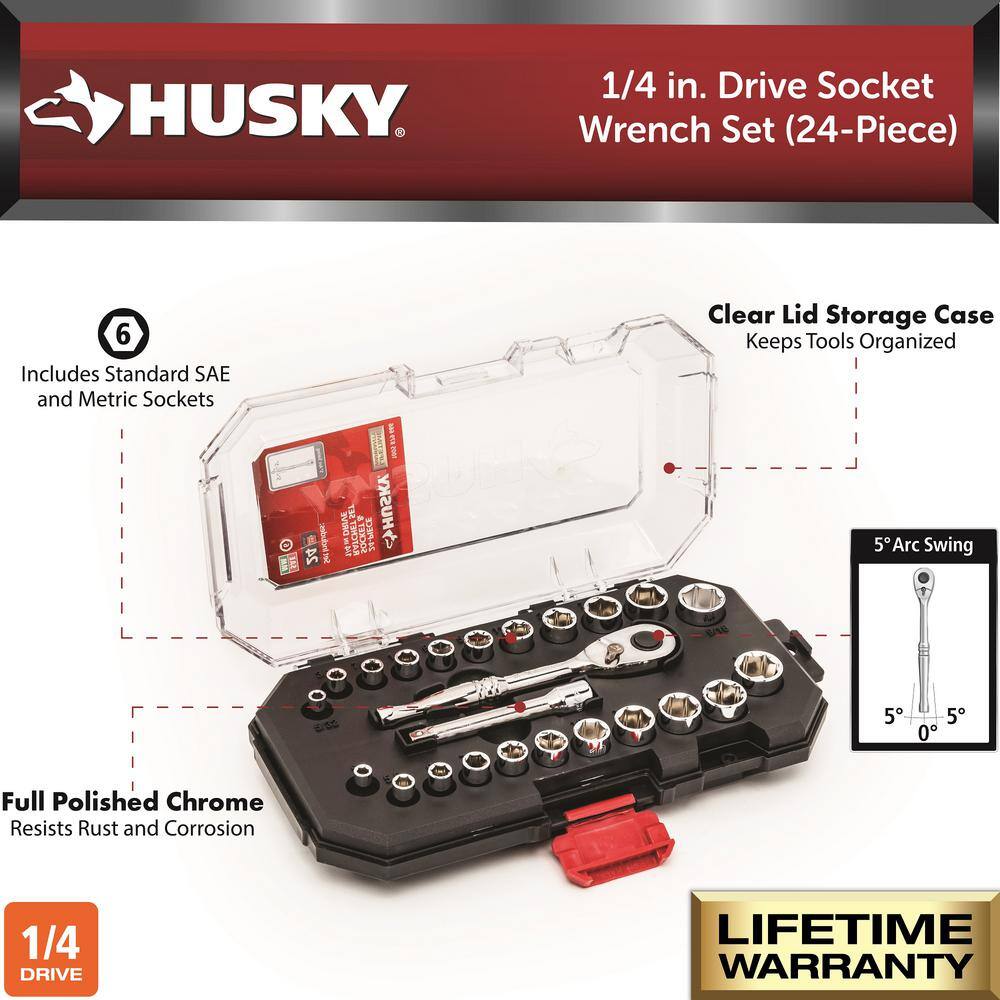 Husky 14 in. Drive Ratchet SAEMetric Standard Socket Set (24-Piece) H4D24PCSWS