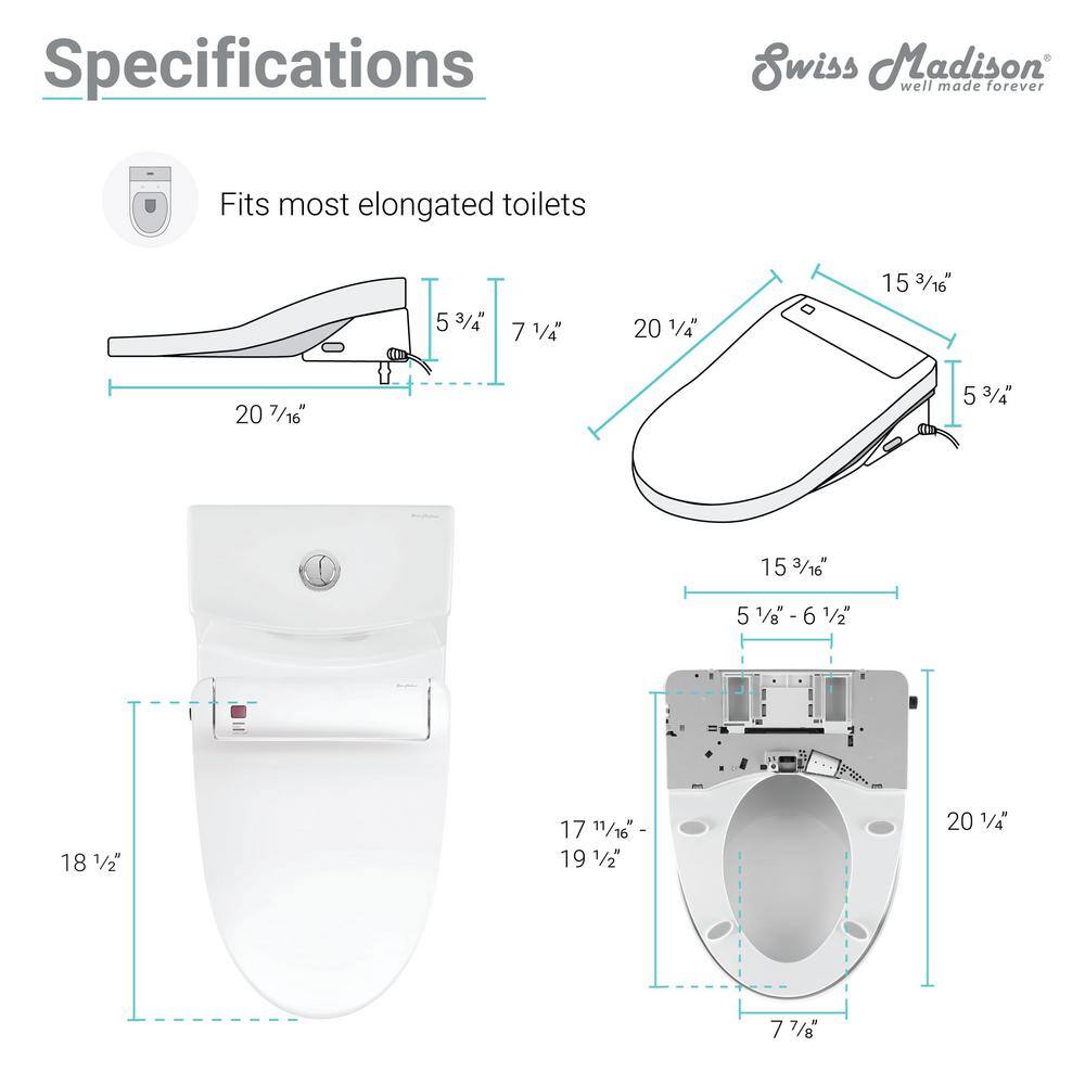 Swiss Madison Virage 1-piece 1.28 GPF Single Flush Elongated Toilet in Glossy White Smart Seat Included SM-ST023