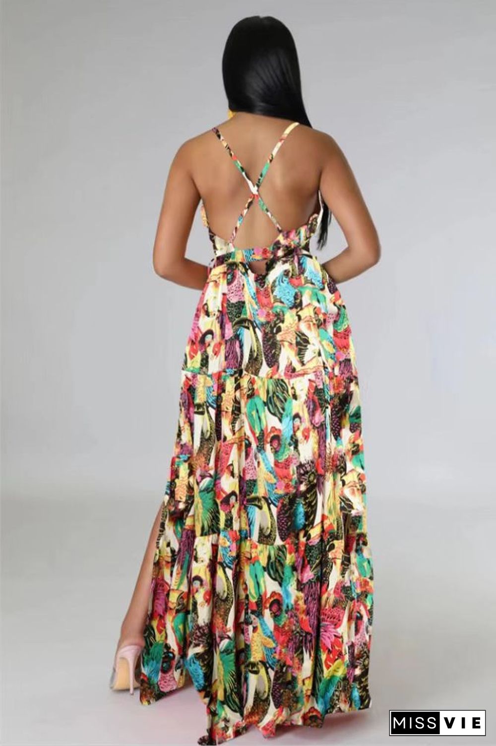 Sexy Floral Print Spaghetti Strap Backless Maxi Dress