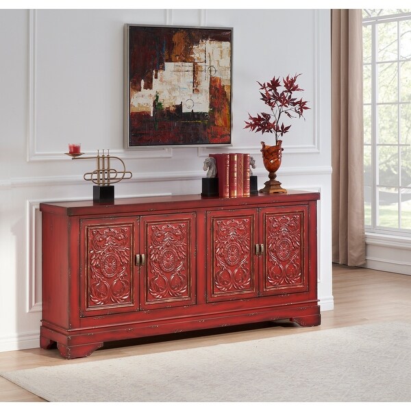 4 Door Storage Credenza/Sideboard with Scroll Designed Door Fronts - Burnished Red