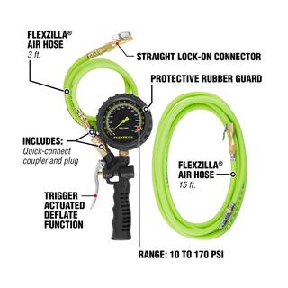 Flexzilla Combo Inflator Kit with Flexzilla Air Hose 3 ft. and 15 ft. Extensions Lock on Chuck AL2025FZ-2