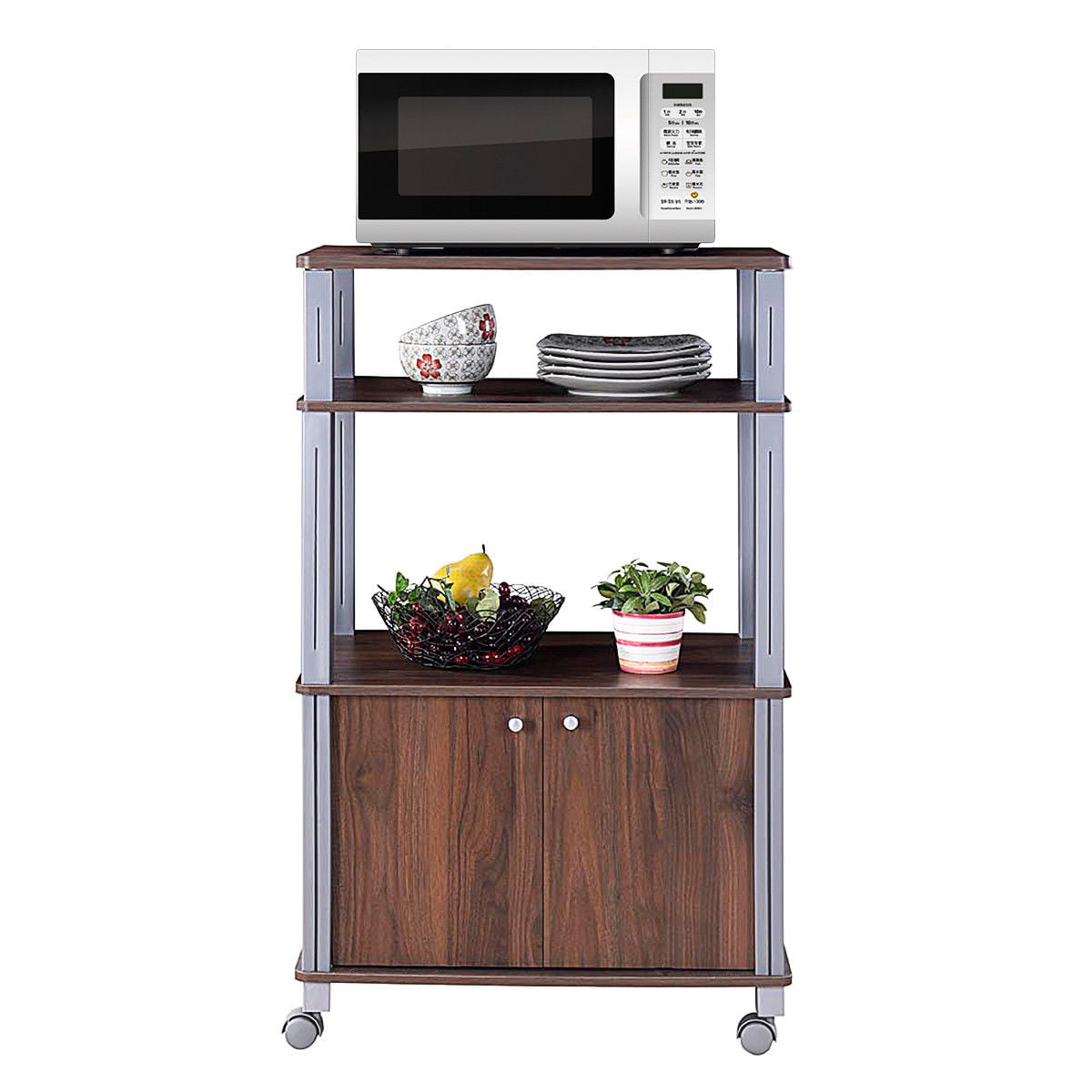 Gymax Bakers Rack Microwave Stand Rolling Storage Cart Multi-functional Display Walnut