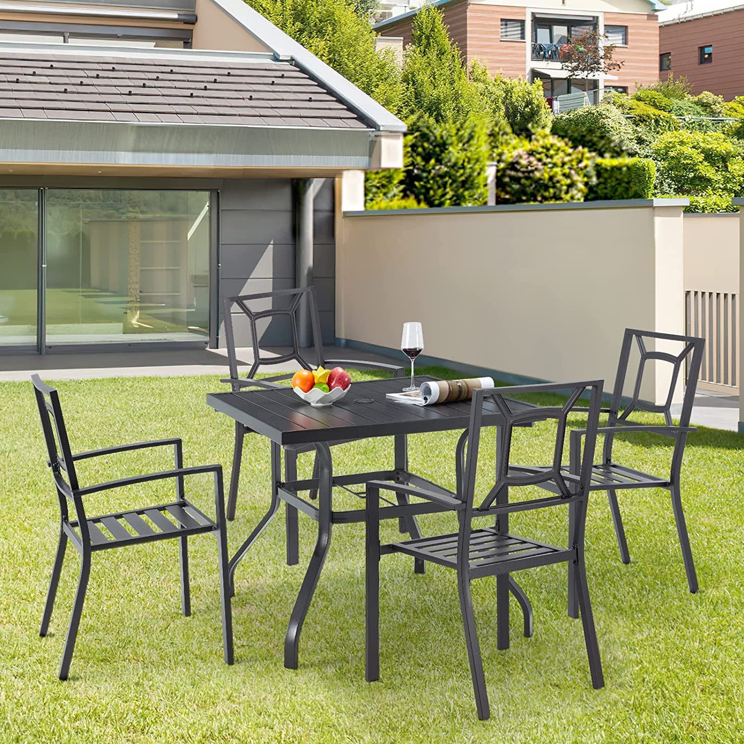 AECOJOY Outdoor Patio Dining Chairs, Stackable Arm Chairs-Metal Frame-Set of 4-Black