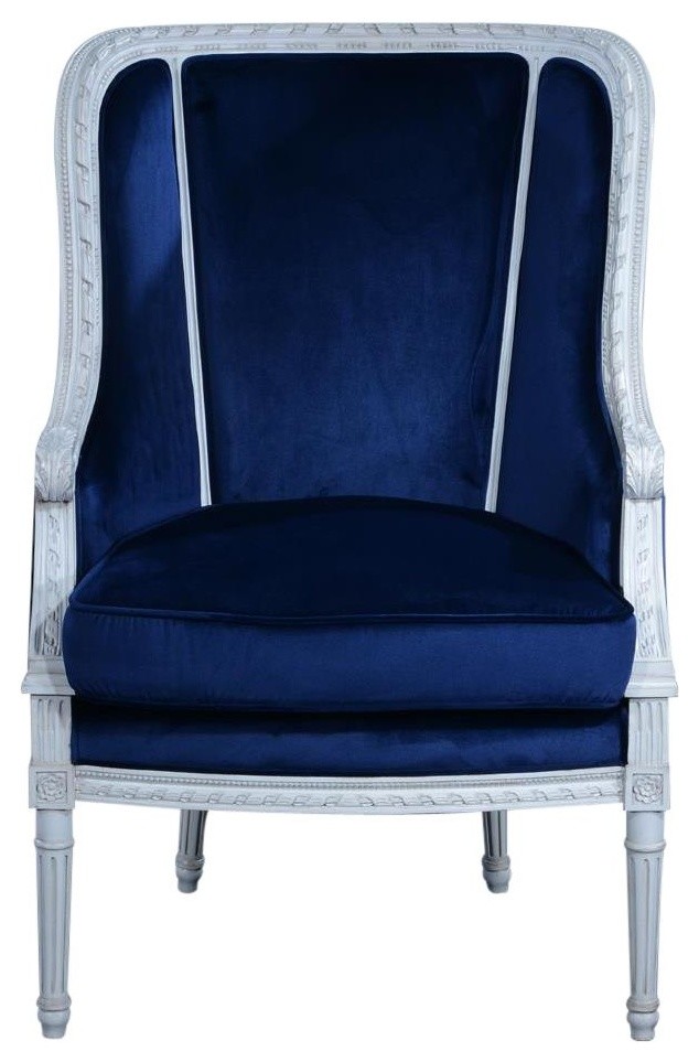 Bergere Chair Louis XVI French Hand Carved Venetian White Wood Blue   Armchairs And Accent Chairs   by EuroLuxHome  Houzz