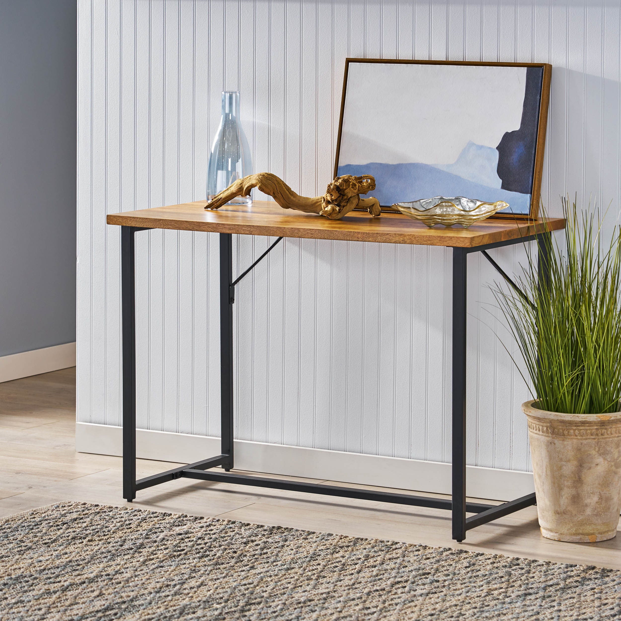 Addyston Modern Industrial Handmade Mango Wood Console Table, Honey Brown and Black