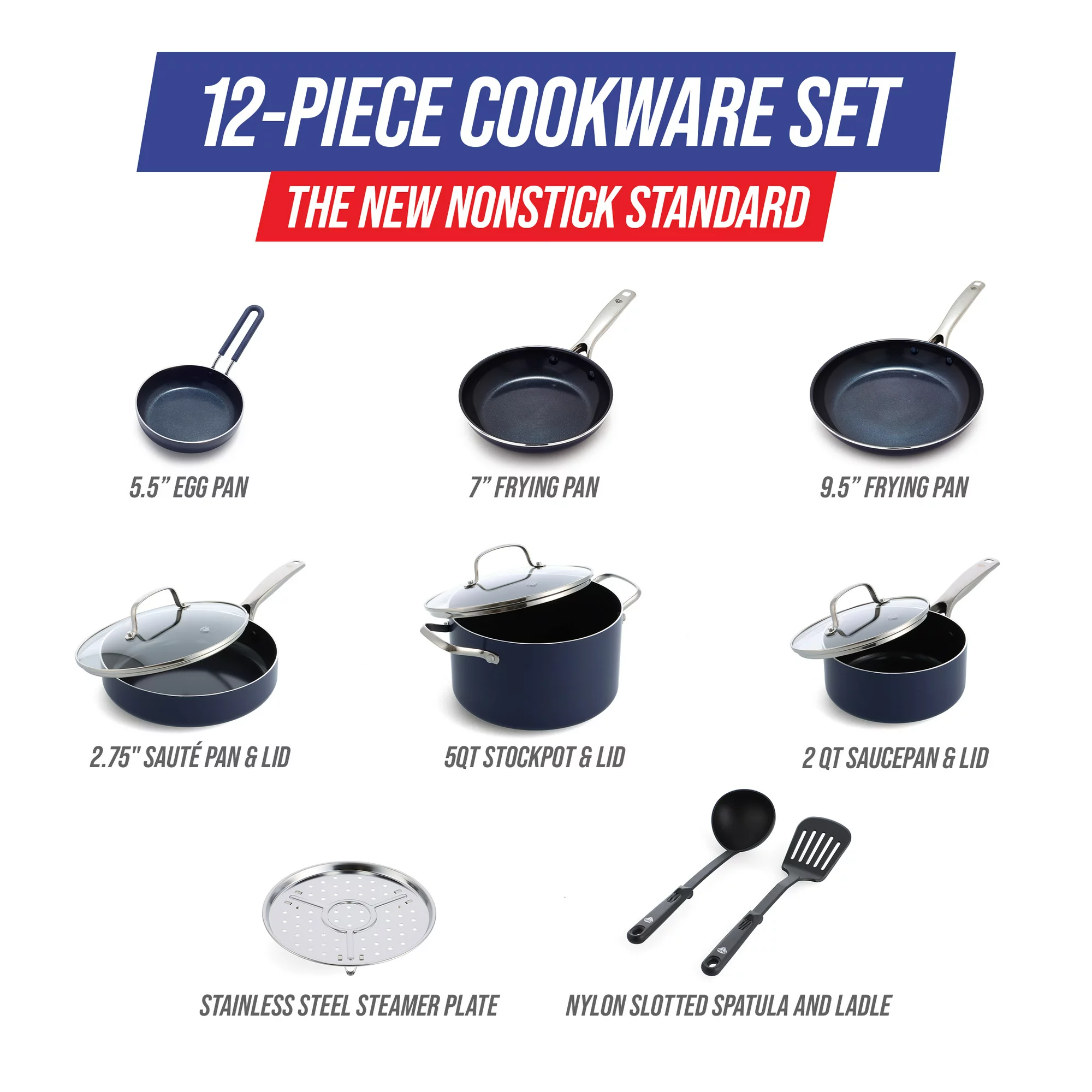 Blue Diamond 12-Piece Toxin-Free Ceramic Nonstick Pots and Pans Cookware Set， Dishwasher Safe， Blue